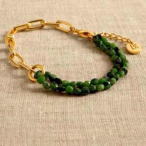 Banana Republic Semi-Precious Green Stone Paperclip Chain Bracelet Gold Tone